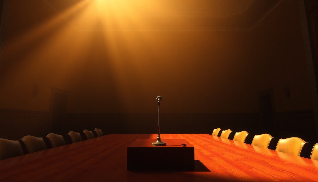 A dimly lit, cinematic painting of an empty congressional hearing room, with a single microphone stand on the table bathed in warm, diagonal sunlight and deep shadows, conceptually representing the ongoing challenge of addressing sexual abuse and harassment in the political sphere.