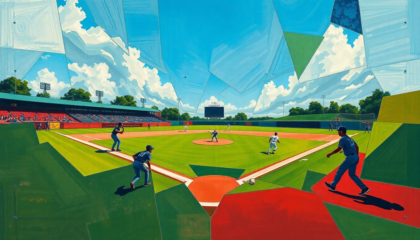 A fragmented, geometric painting depicting the motion and energy of a high school baseball game, with overlapping planes of green, red, and silhouetted players.