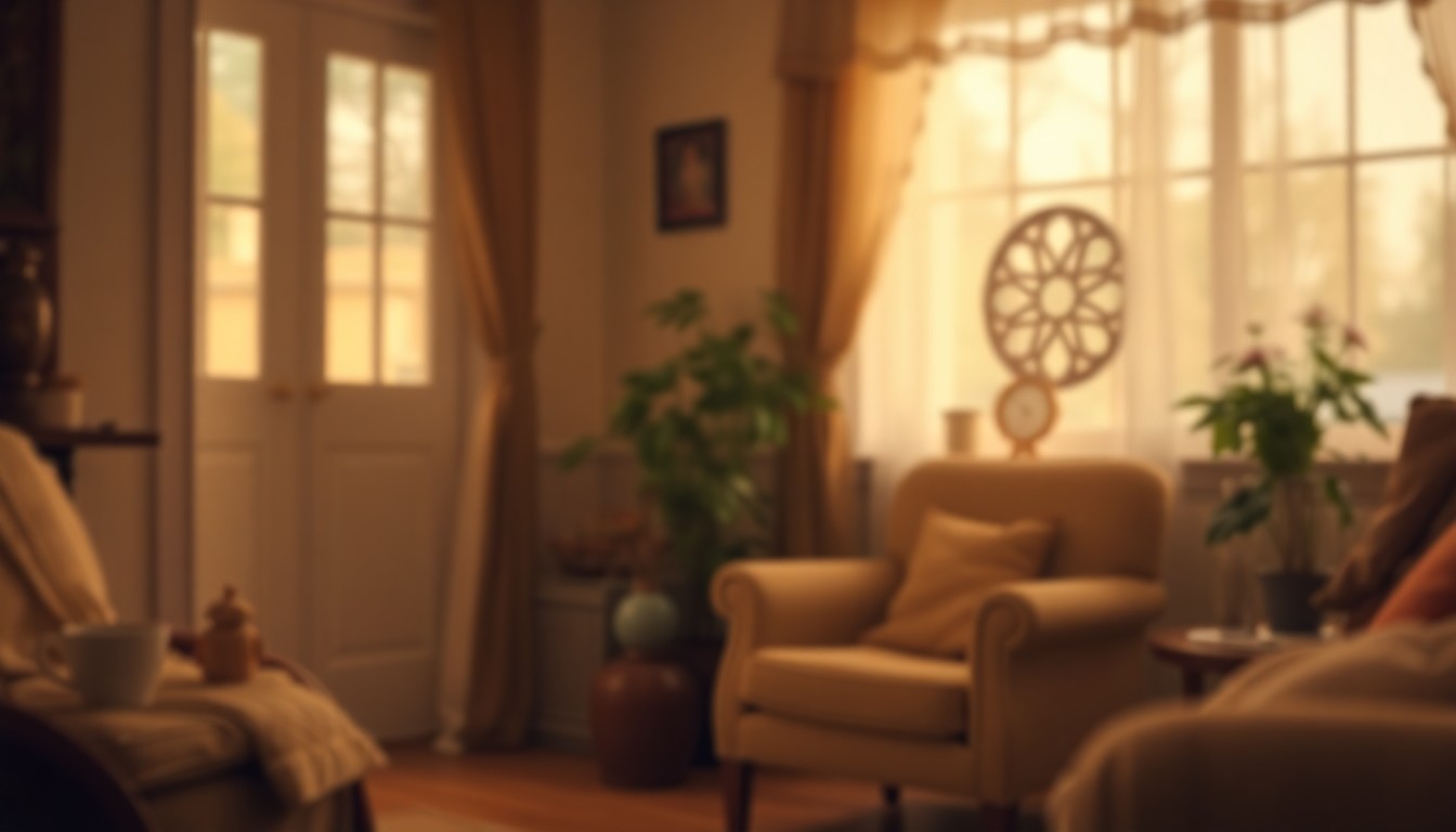 An extremely abstracted, out-of-focus photograph in warm, hazy tones depicting a cozy domestic scene that evokes the comforting, lived-in atmosphere of Freida Bilbrey's home, conceptually representing the life and legacy of this long-time Brownwood resident.