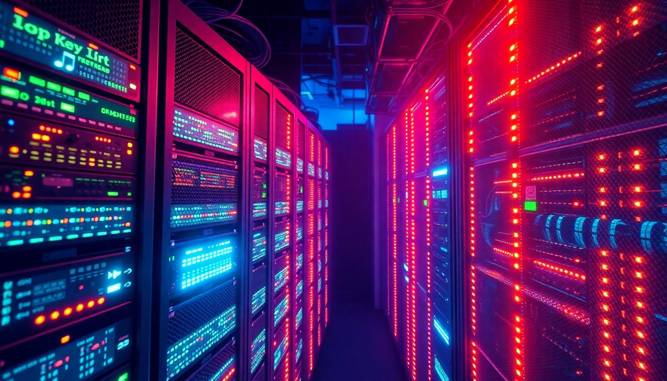 A highly detailed 3D illustration of a glowing, neon-lit server rack filled with blinking lights and cables, representing the digital infrastructure that powers music streaming and distribution.