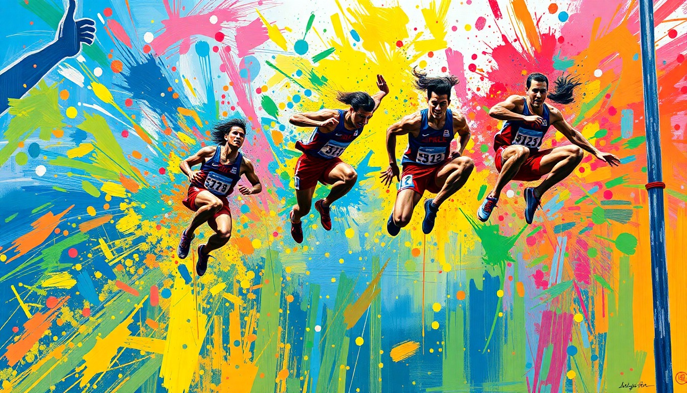 An abstract, energetic painting in neon colors depicting the dynamic motion and power of pole vaulters in mid-jump, with their forms dissolving into vibrant brushstrokes.