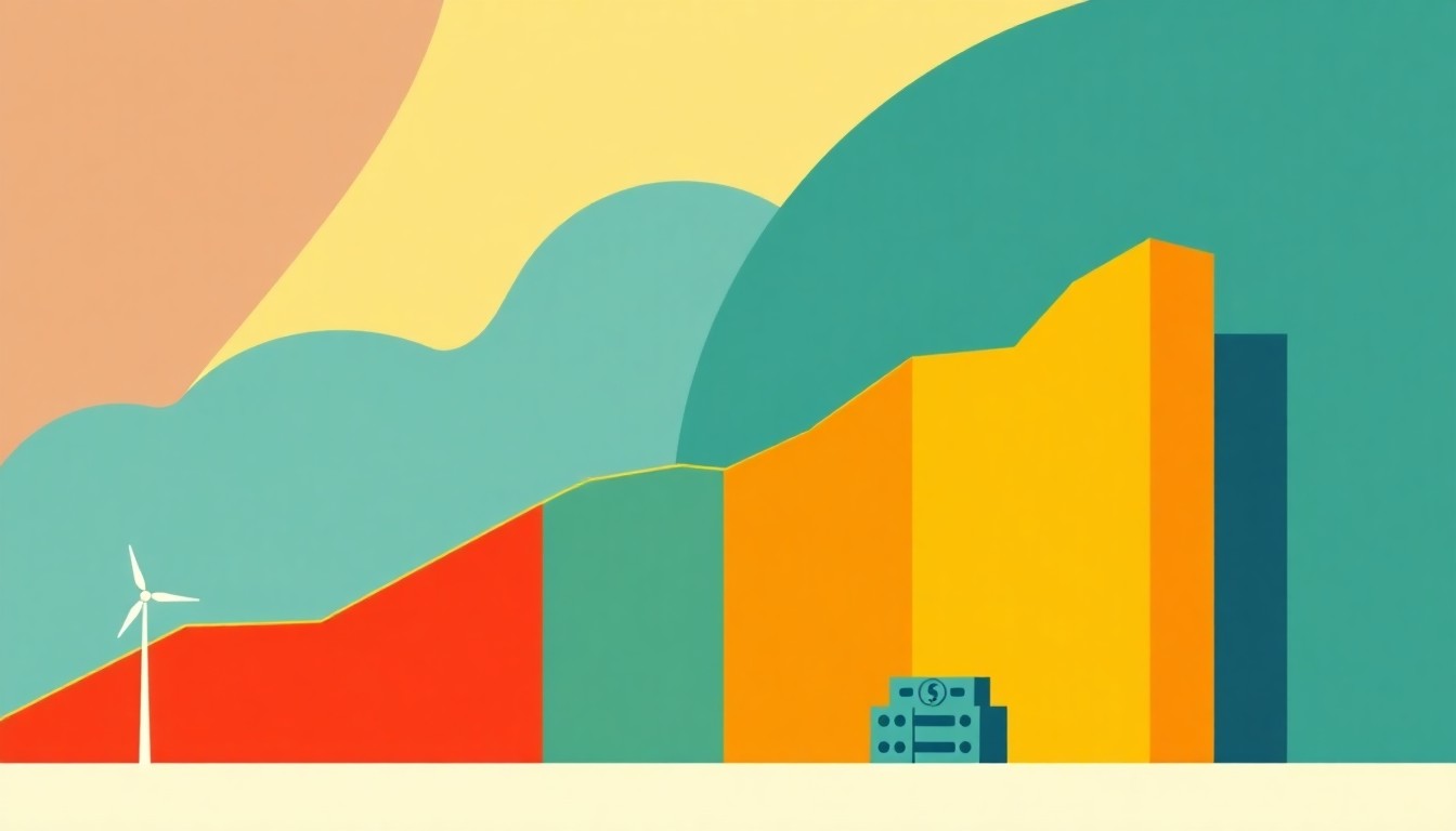 A vibrant abstract composition of overlapping triangles and circles in shades of blue, green, and red, conceptually representing the data-driven economic impacts of the Biden administration's clean energy strategy.