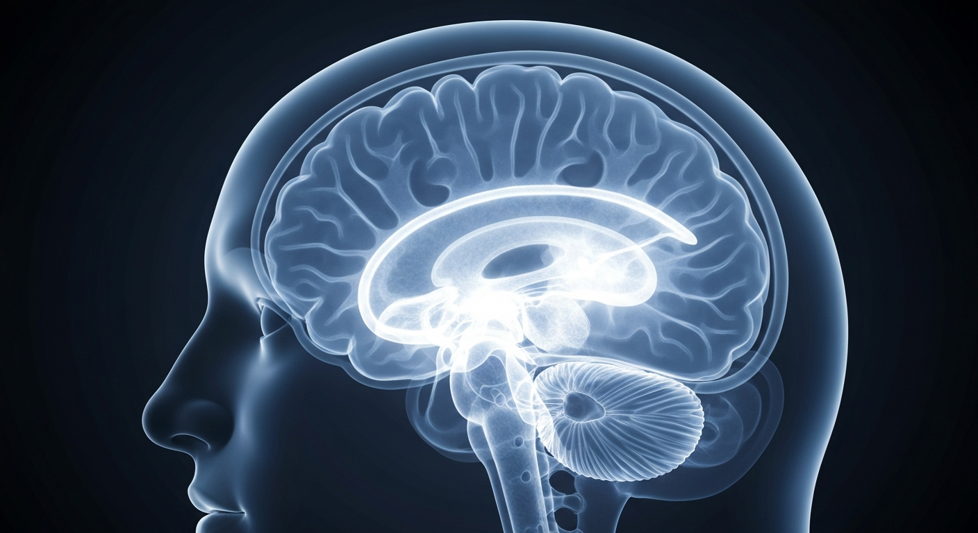 A ghostly, translucent X-ray image of the human brain, with glowing outlines revealing the internal structures affected by chronic subdural hematoma, conveying the clinical and investigative nature of this medical condition.