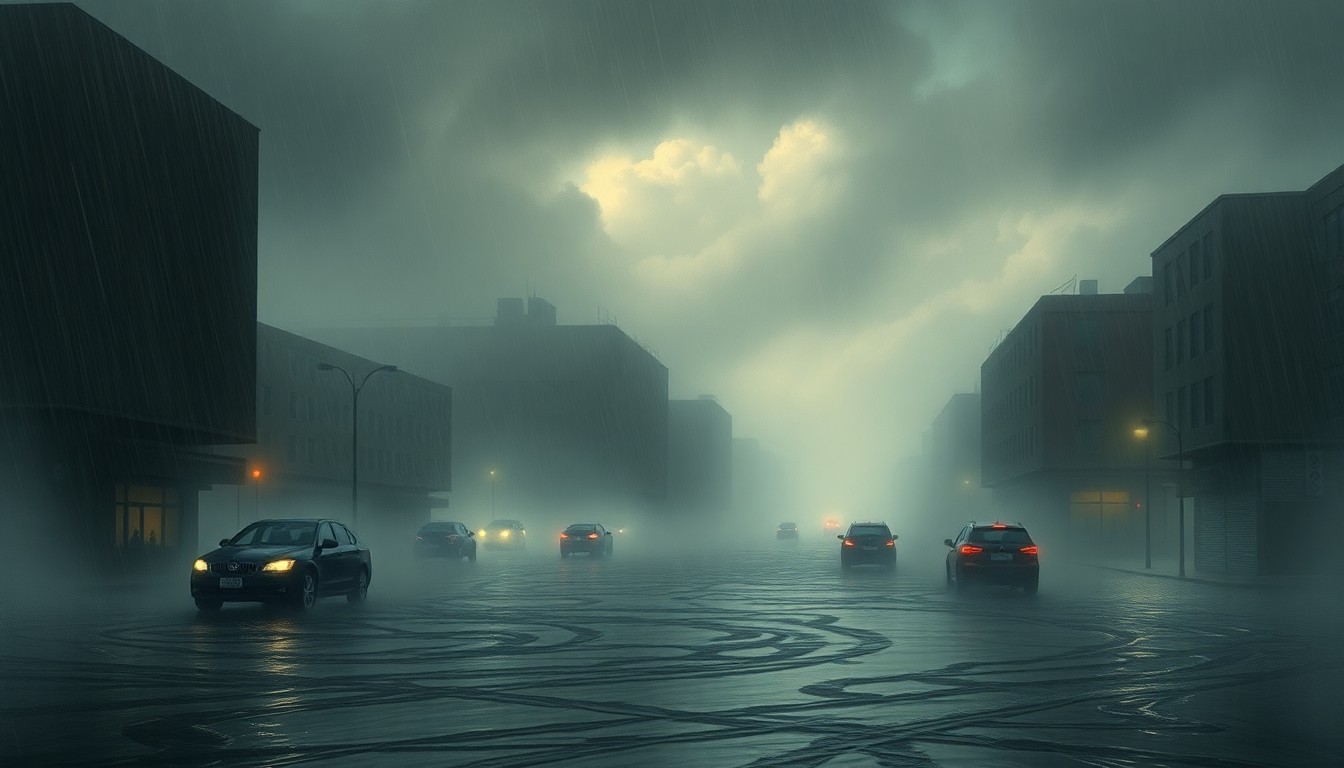 A vast, atmospheric landscape painting depicting a flooded city street shrouded in heavy fog and rain, with physical structures and vehicles barely visible through the dense, swirling weather conditions.