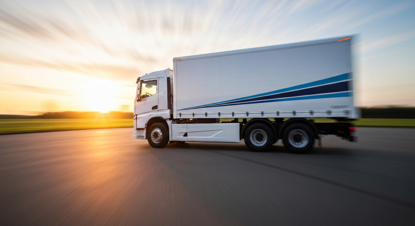 Apstraktno zamućenje svijetlih boja i dinamičnog kretanja koje predstavlja brzu vožnju električnog kamiona.