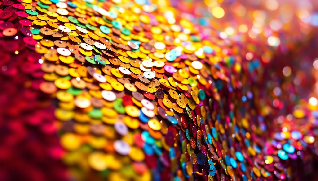 An extreme close-up of a textured rainbow flag made of shimmering sequins and glittering disco ball fragments, conceptually representing the joyful energy of a community festival.