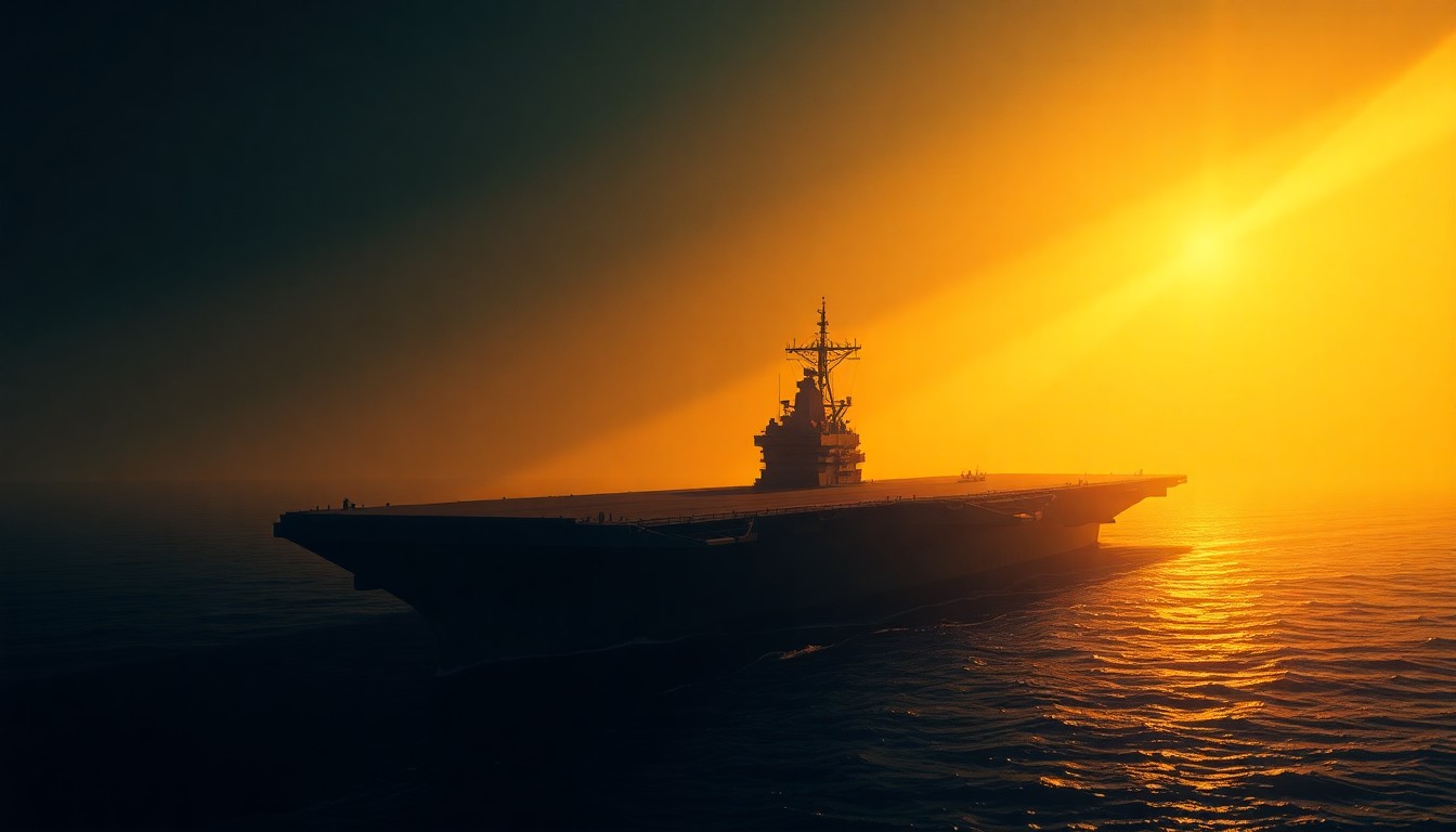 A serene, painterly depiction of the USS Gerald R. Ford aircraft carrier at sea, with its massive hull and superstructure silhouetted against a warm, golden sky and reflected in the calm waters below, capturing the ship's imposing yet solitary presence on the open ocean.