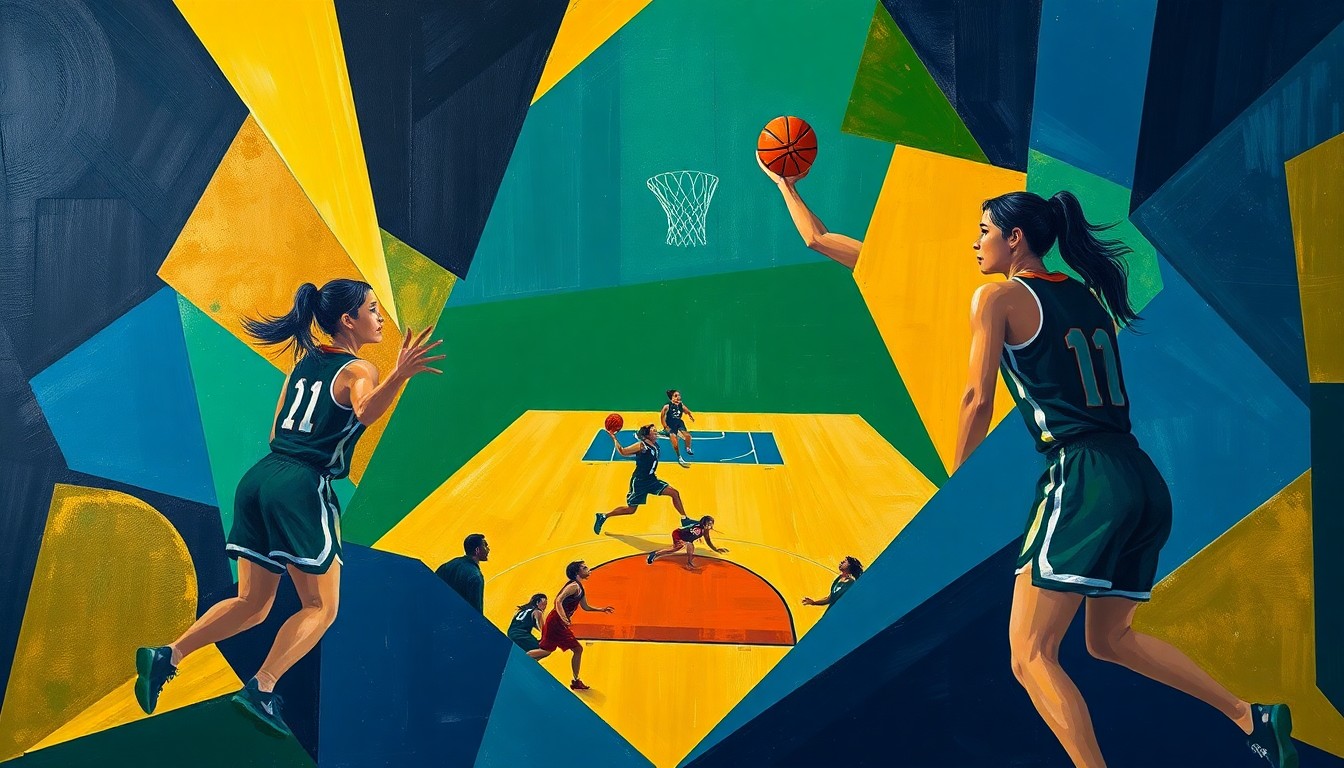 A cubist-style painting depicting the abstracted forms of women's basketball players in dynamic, overlapping geometric shapes in navy, green, and gold, conveying the energy and movement of the sport.