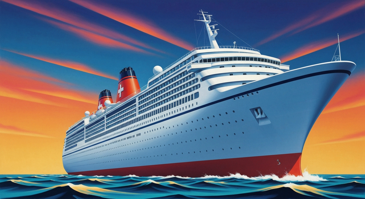 A bold, geometric illustration depicting the grand scale and sleek design of a cruise ship, capturing the romance and majesty of ocean travel without any text or identifiable elements.