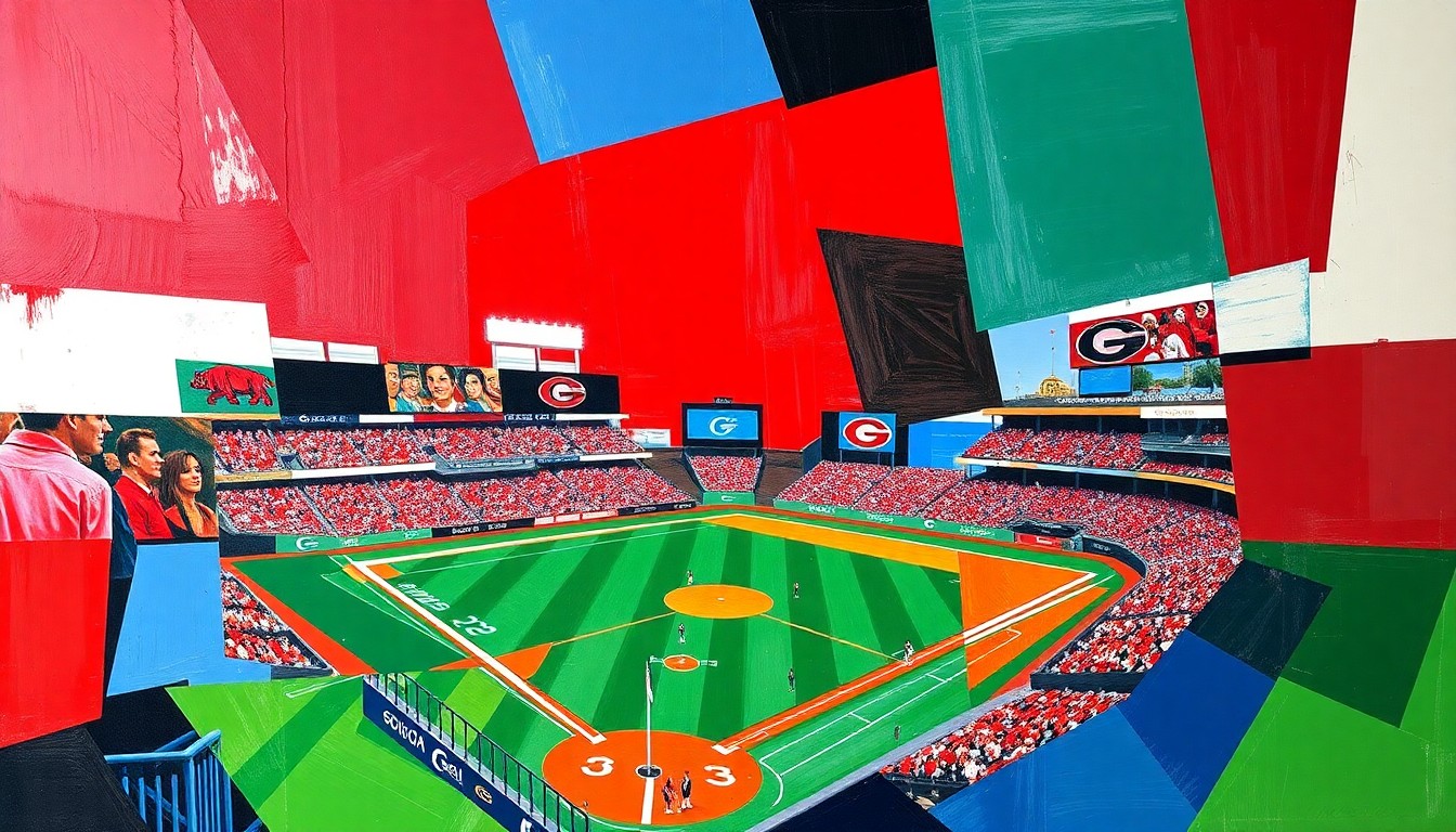 A fragmented, geometric painting depicting the action and energy of a college baseball game, with sharp planes of red, blue, and green colors overlapping to create a dynamic, abstract composition.