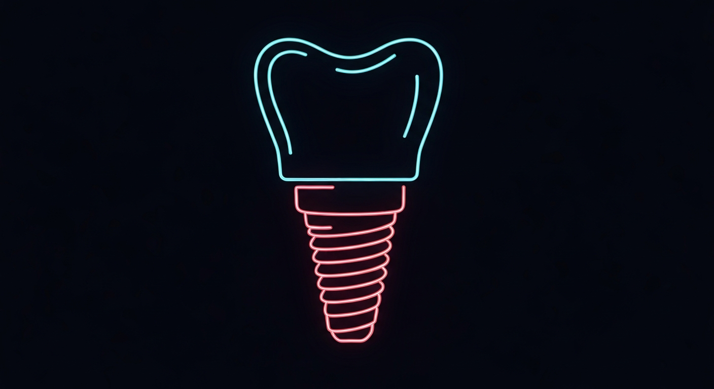 A minimalist design in the style of Keith Haring where a dental implant fixture is defined entirely by glowing, vibrant neon lines against a deep, dark background, emphasizing the shape and electricity of modern dental technology.