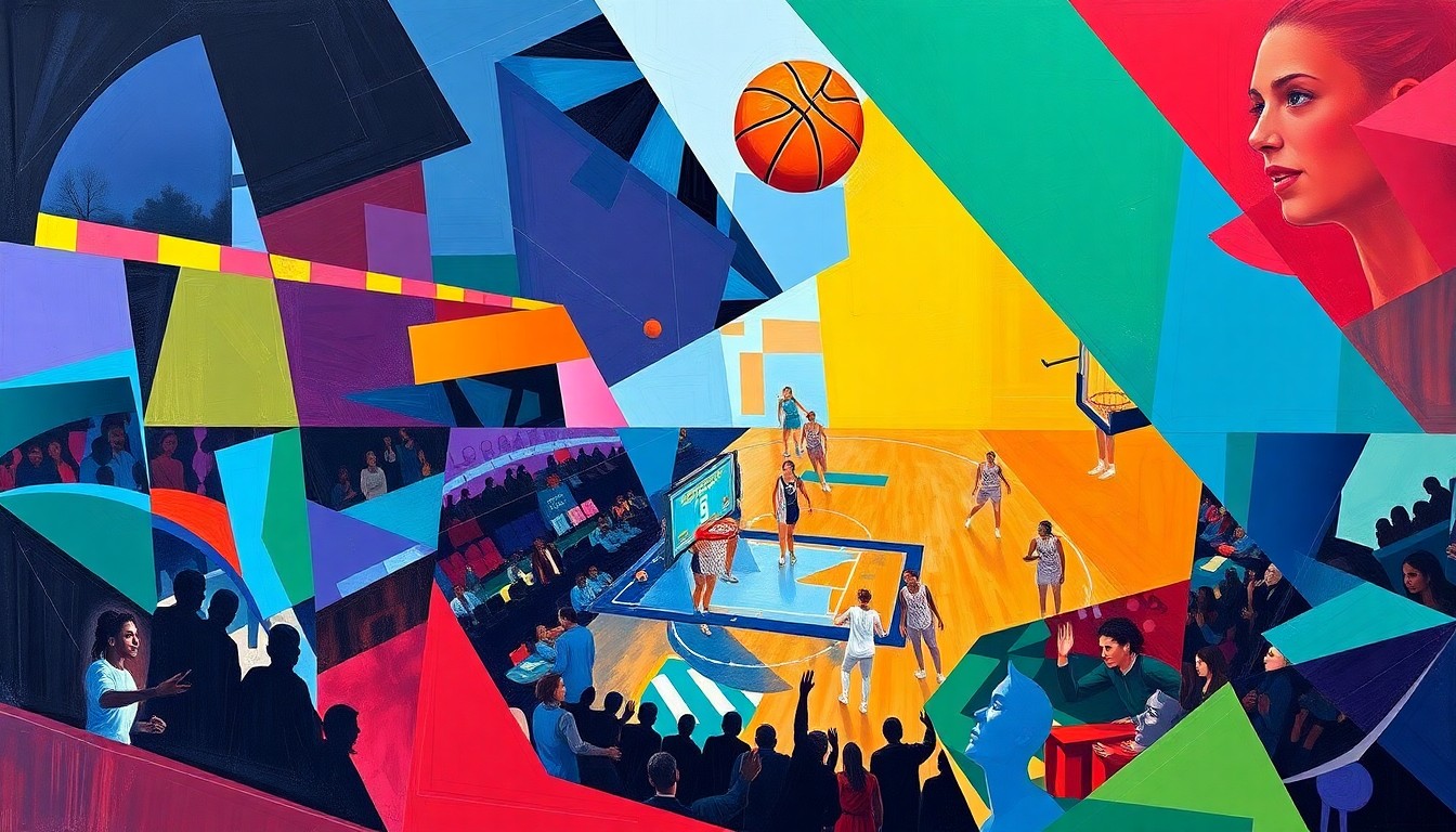 A cubist, geometric painting featuring overlapping planes of teal, navy, and gold, conceptually representing the dynamic, multifaceted play of a basketball player.