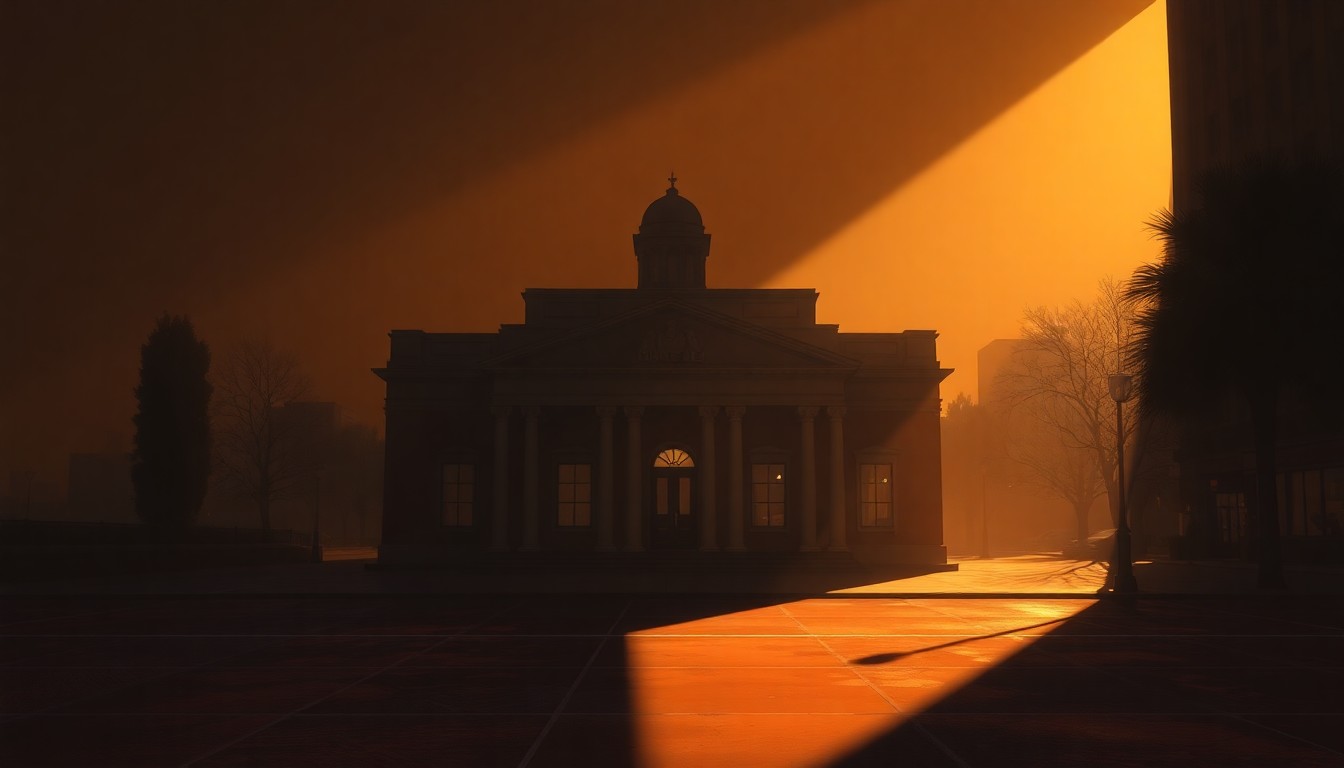 A serene, photorealistic painting of a government building's exterior, with warm sunlight casting long shadows across the facade and surrounding landscape, conveying a sense of quiet contemplation about the political dynamics at play.