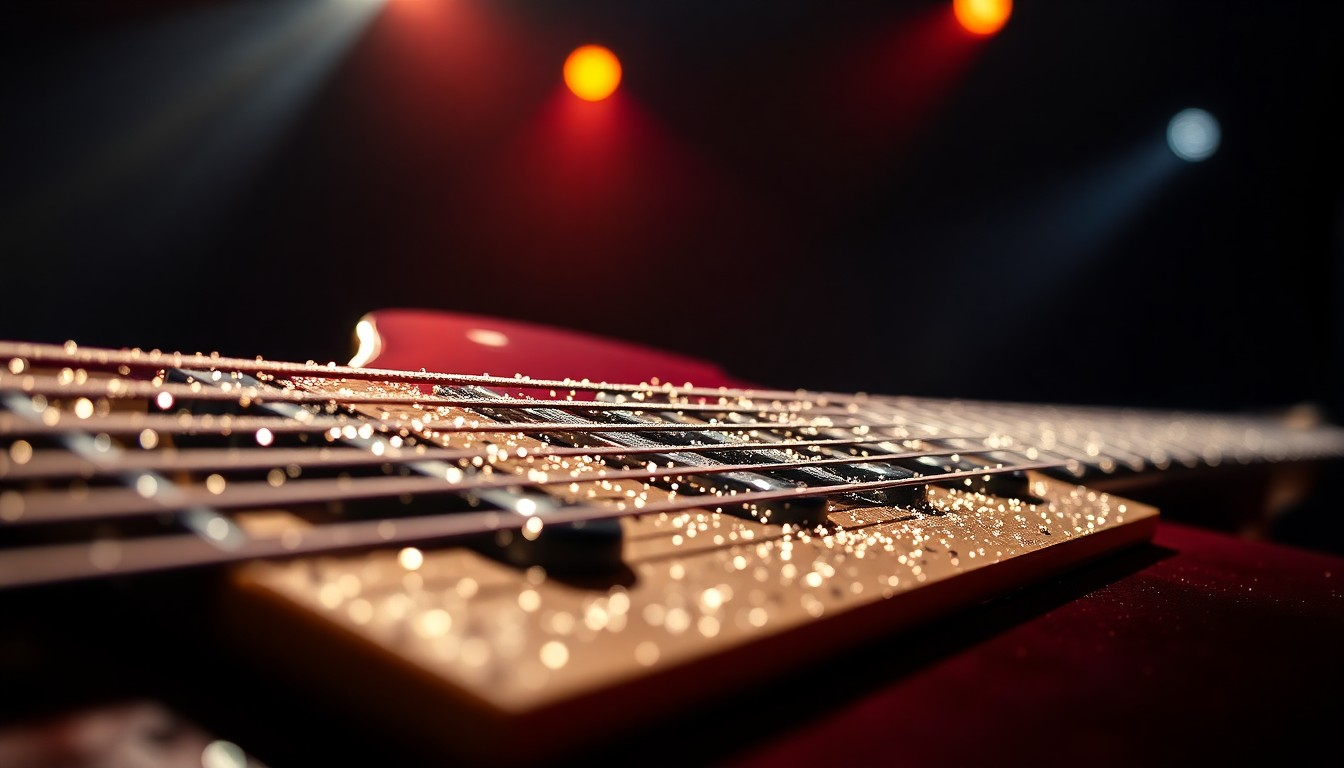 An abstract close-up image of shimmering, textured guitar strings illuminated by dramatic studio lighting, conveying the glamour and excitement of a major country music performance.