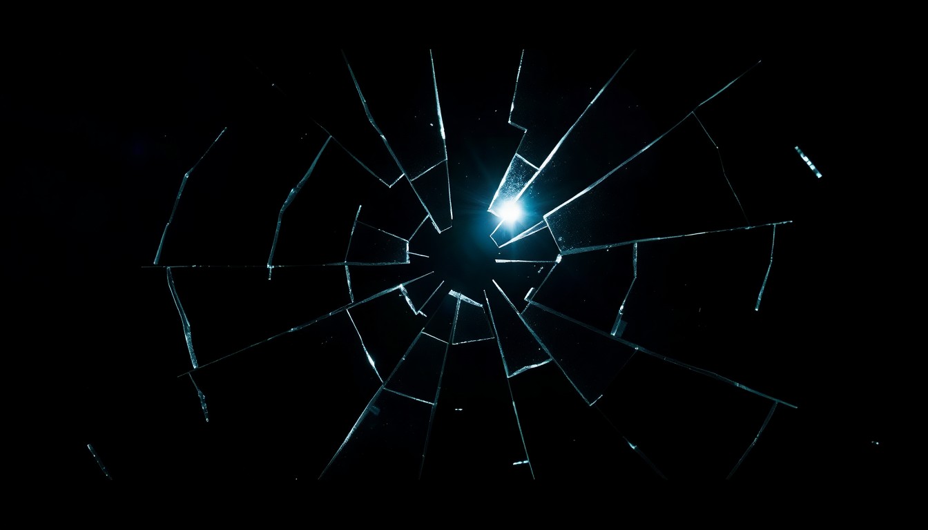 An extreme close-up photograph of a shattered glass surface reflecting a single beam of light, creating a high-contrast, abstract composition that conceptually captures the dark, gritty aesthetic of classic film noir.