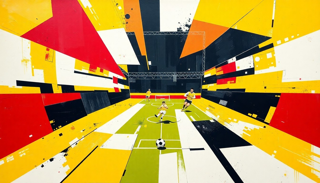 A cubist, geometric painting depicting the dynamic action of a soccer match, with overlapping planes of yellow, black, red, and white representing the players and movement on the field.