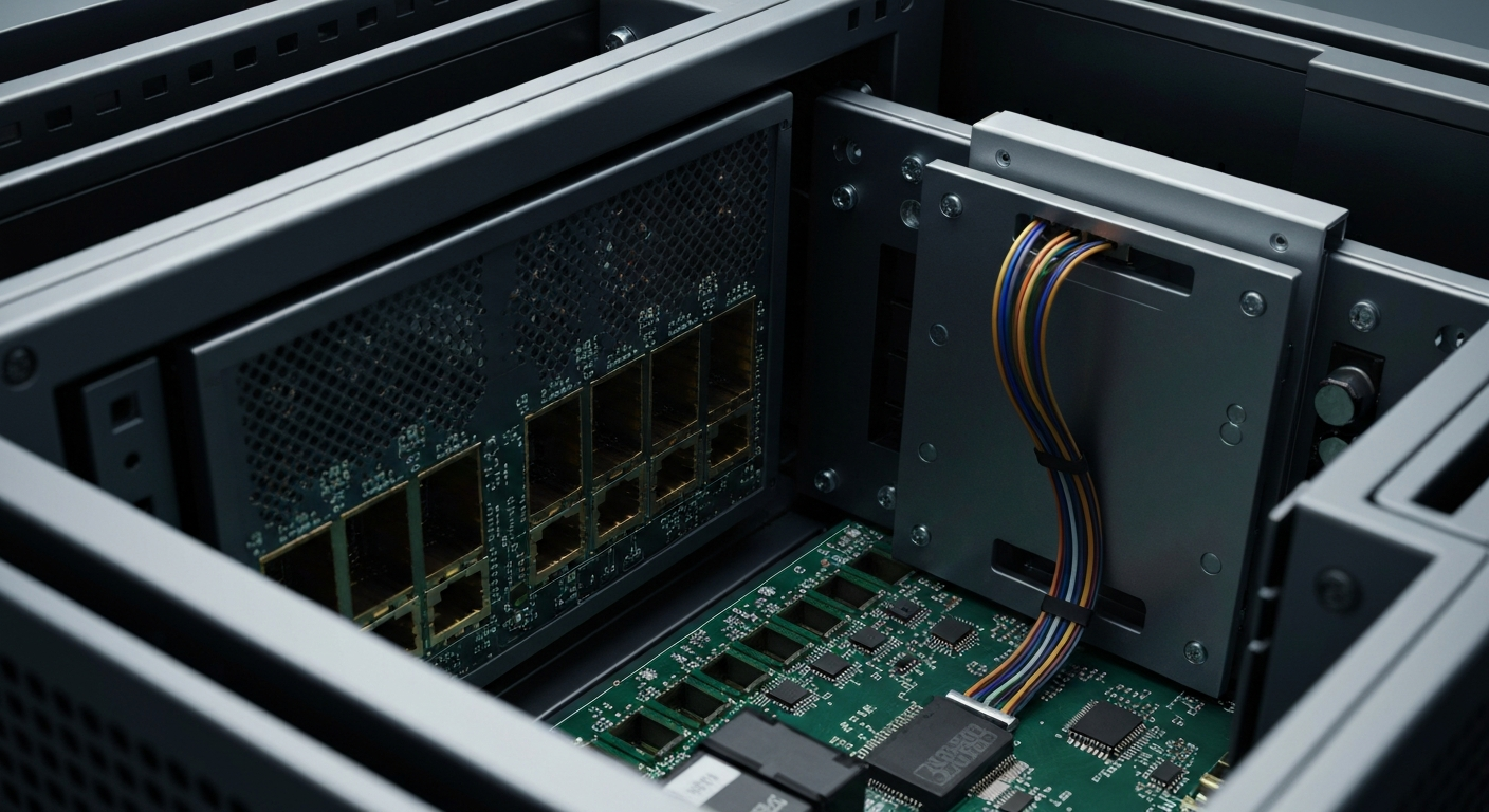 An extreme close-up of the intricate, metallic components and circuitry of a cybersecurity appliance, conveying the sophisticated, industrial nature of modern network security technology.