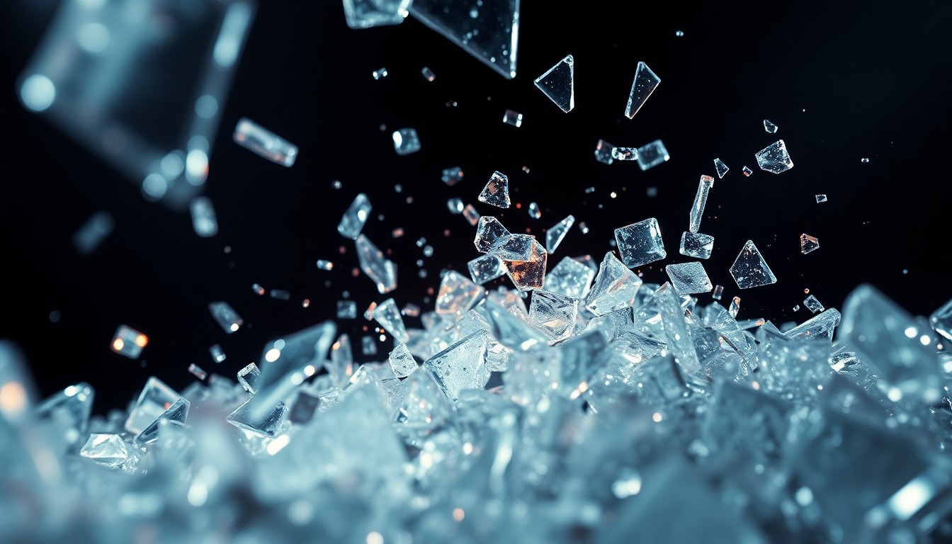 An abstract close-up image of shattered glass and glittering shards, captured in high-contrast studio lighting to evoke the glamour and grandeur of timeless epic films.