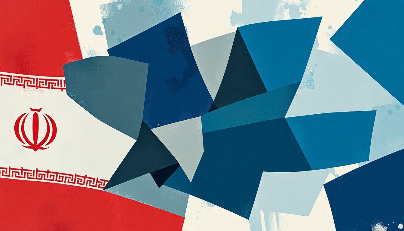 An abstract, fractured painting in shades of blue, grey, and red, depicting the complex and overlapping nature of diplomatic negotiations and regional mediation efforts between the United States and Iran.