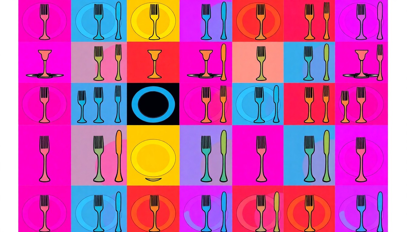 A bold, abstract silkscreen illustration featuring a repeating pattern of a single restaurant item, such as a wine glass or plate, rendered in a high-contrast palette of neon colors and heavy black outlines, conceptually representing the modern, design-forward aesthetic of the new Wildcat restaurant.