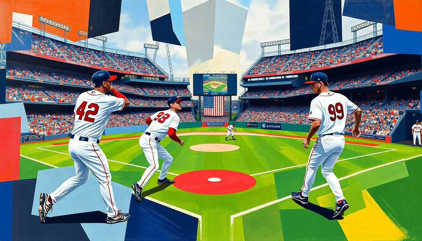 A cubist, geometric painting depicting a baseball game in progress, with the players and field fragmented into overlapping planes of bright colors representing the uniforms of the Twins and Red Sox.