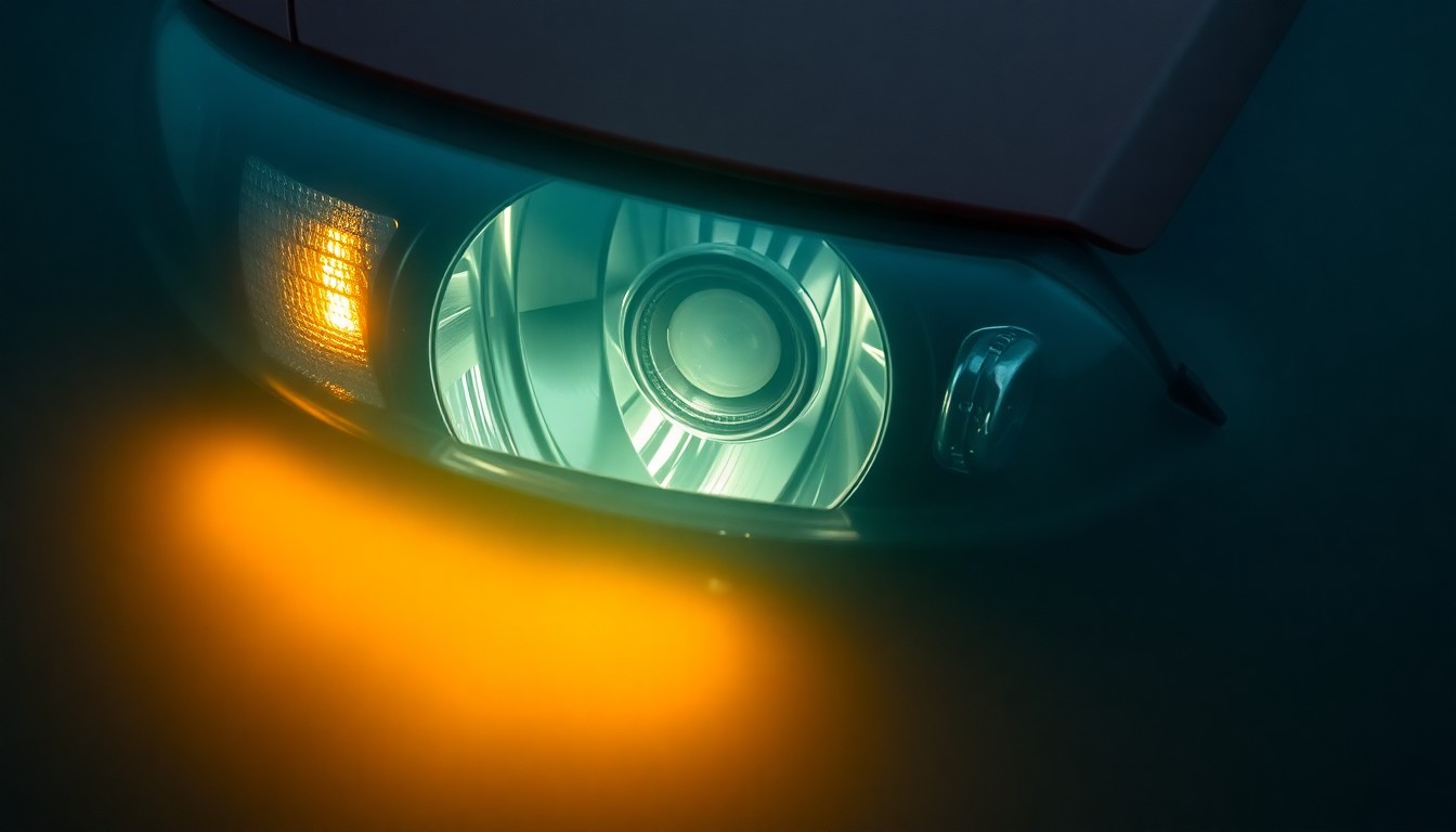 An extreme close-up photograph of a partially submerged car headlight lens, the glass surface reflecting a faint glow in the dark, murky water, conceptually representing the aftermath of a fatal single-vehicle crash.
