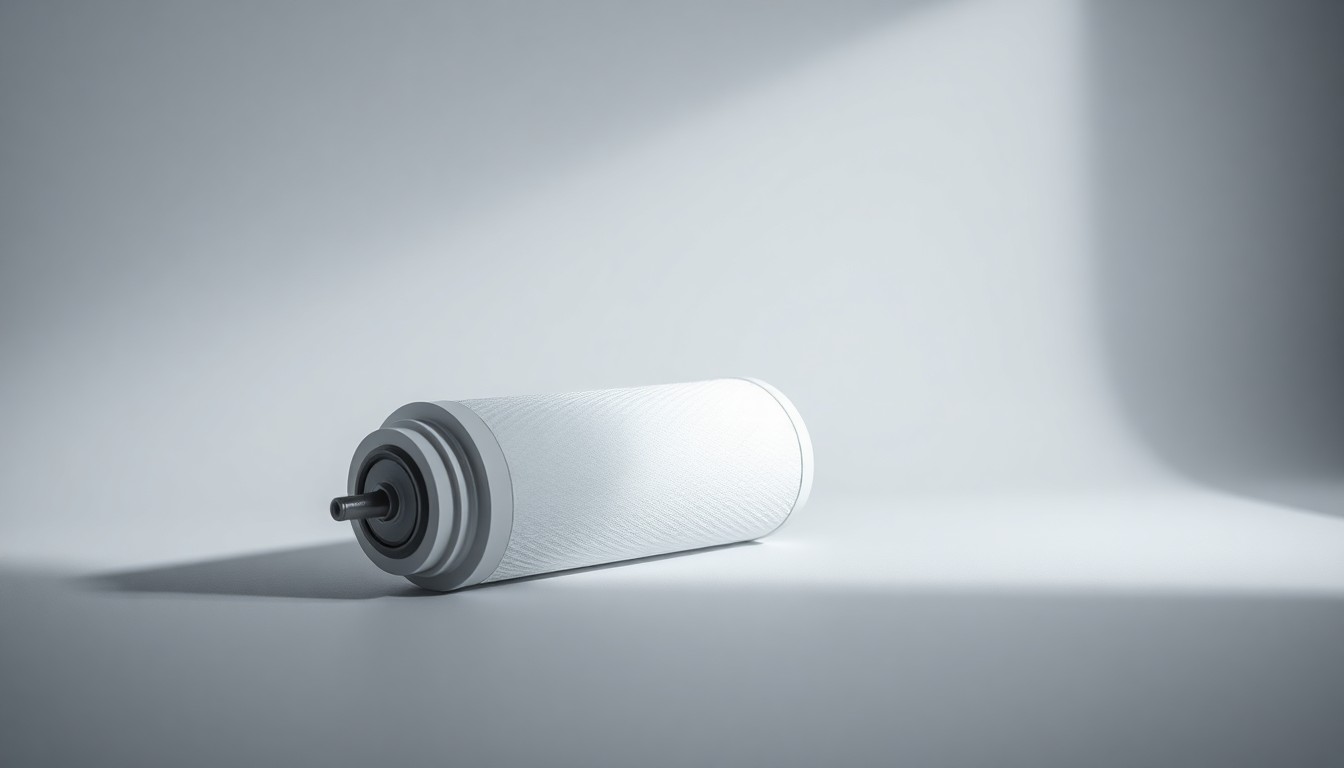 A close-up, high-contrast photograph of a sleek, metallic air filtration component, such as a filter cartridge or sensor, floating against a plain white background and illuminated by dramatic studio lighting, representing the advanced technology and regulatory compliance of the U.S. food and beverage air filtration market.