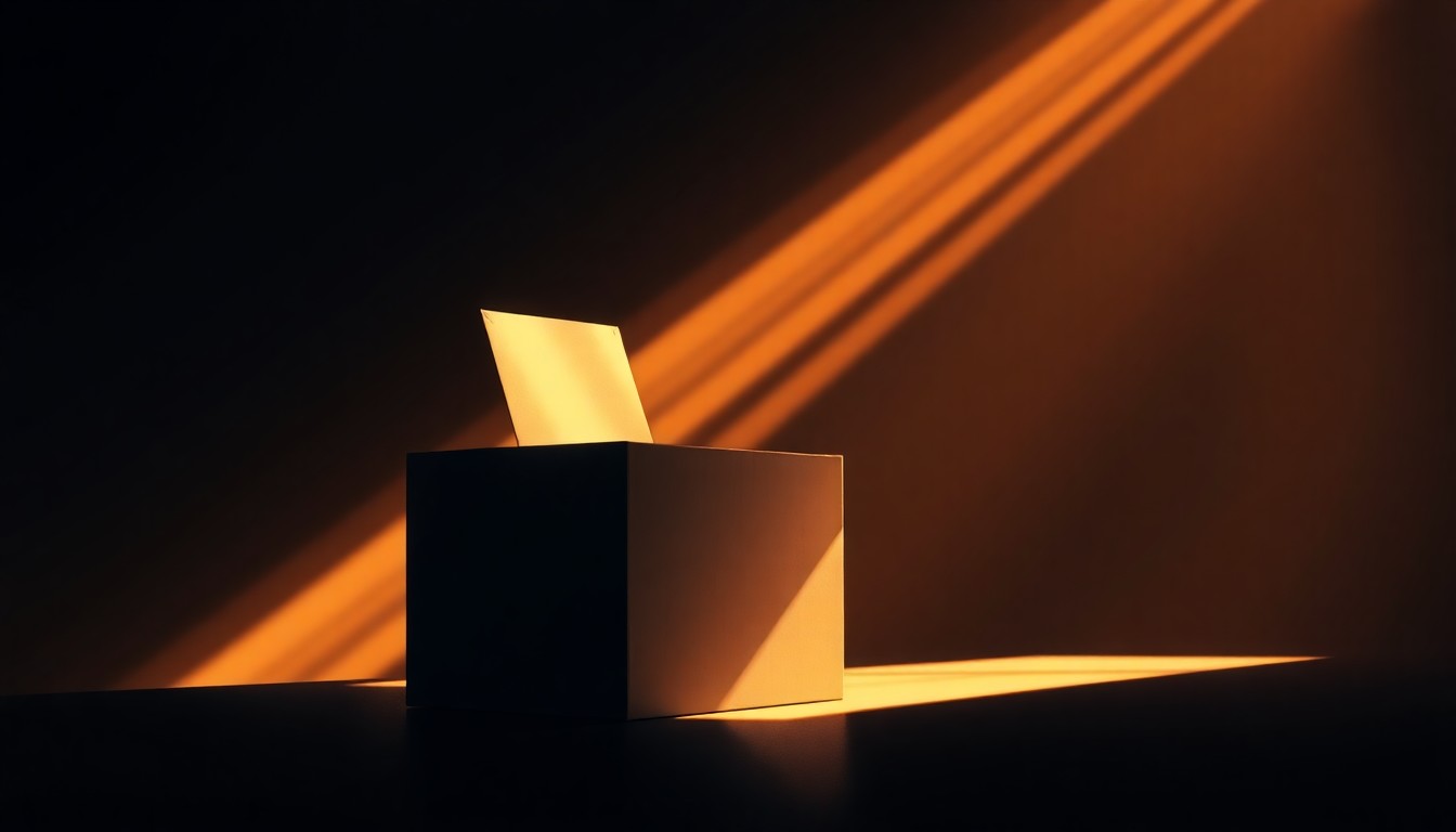 A serene, nostalgic painting of a solitary political donation box or envelope in a dimly lit urban setting, bathed in warm, diagonal sunlight and deep shadows, conveying the emotional tone of grassroots political fundraising.