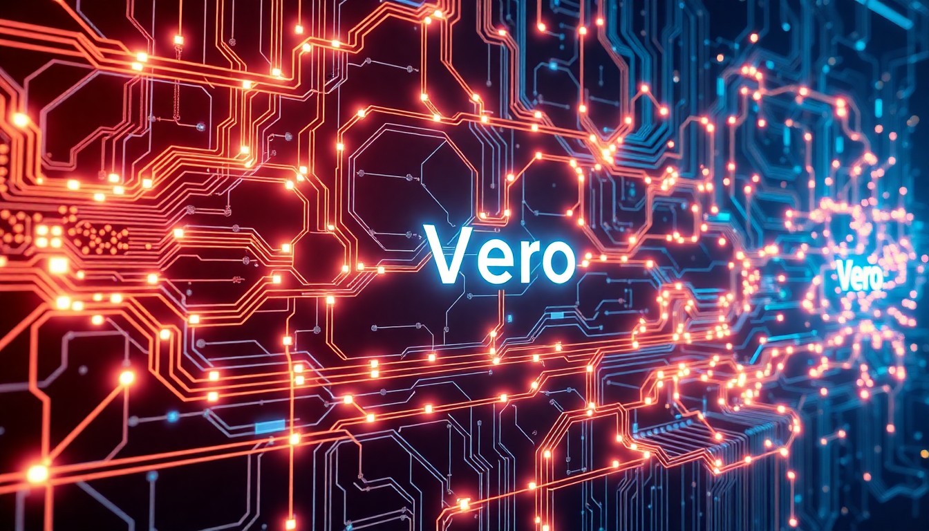 A highly detailed, glowing 3D illustration of a complex network of interconnected circuits, data cables, and pulsing energy fields, conceptually representing the advanced AI-powered auditing infrastructure of Vero AI.