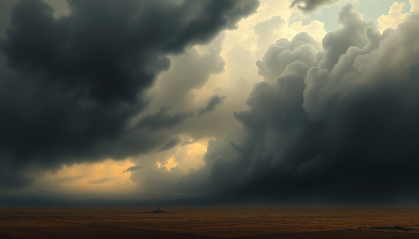 A sweeping, atmospheric landscape painting in muted tones of gray, blue, and green, with a dramatic, turbulent sky filling the frame and obscuring the horizon, conveying a sense of the overwhelming power of an approaching severe weather event.
