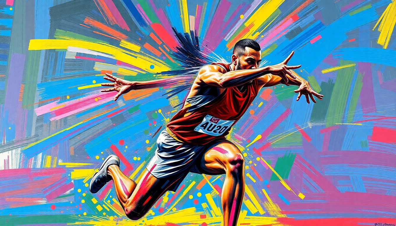 An abstract, energetic painting in neon colors depicting the powerful throwing motion of a track and field athlete.