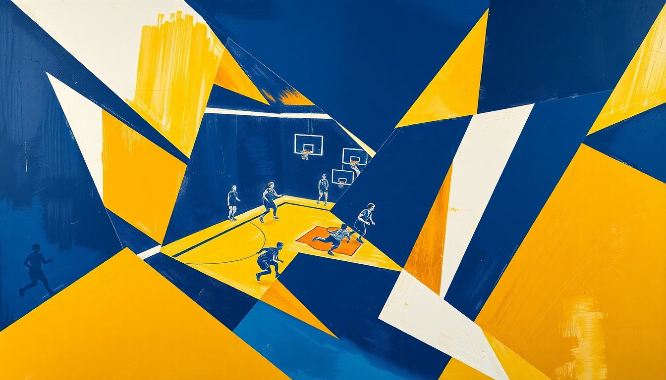 A cubist, geometric painting depicting the fragmented action of a women's basketball game, with sharp planes of navy blue, gold, and white intersecting to create a dynamic, abstract composition.