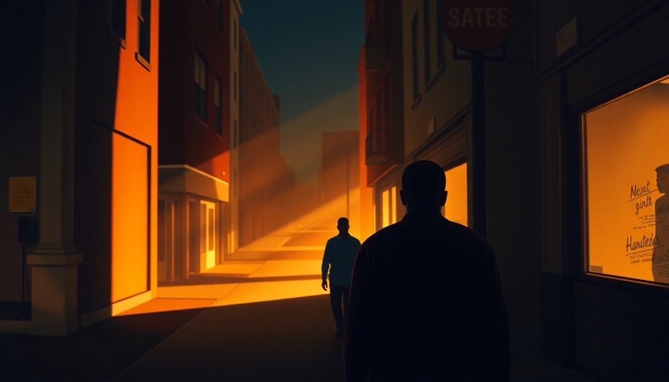 A solitary figure of a Haitian immigrant walking down a dimly lit urban street, the warm sunlight and deep shadows creating a cinematic, nostalgic mood that reflects the high stakes of the political battle over their future.