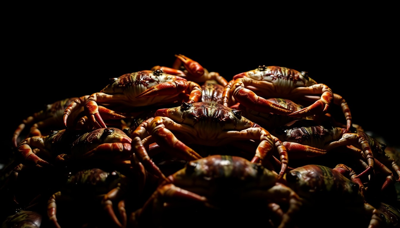 An extreme close-up photograph of a pile of striped shore crabs, their shells reflecting the harsh light of a direct camera flash against a pitch-black background, conceptually illustrating the illegal poaching of marine life.