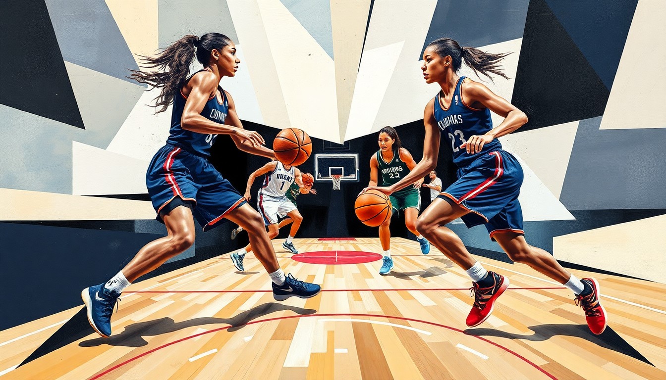 A cubist, geometric painting depicting a WNBA basketball game in motion, with the players' figures broken down into abstract shapes and forms, creating a dynamic, kinetic composition.