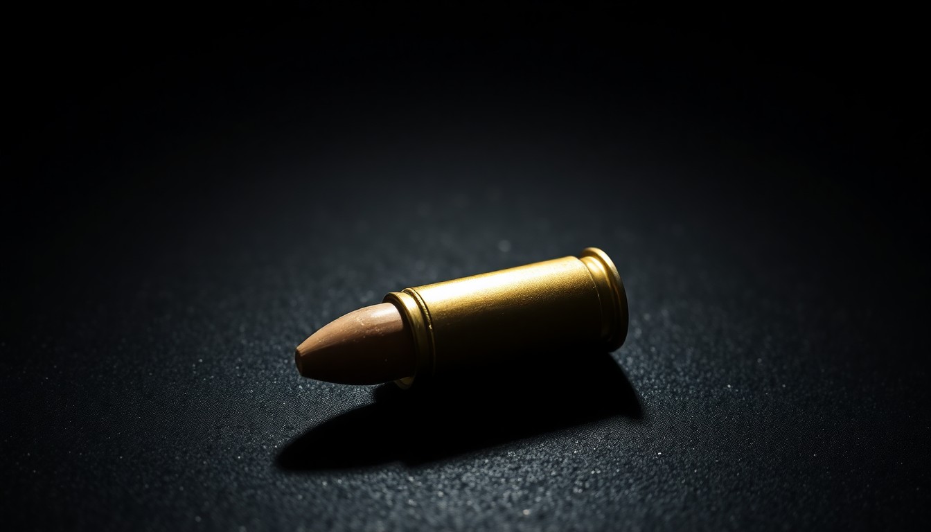 An extreme close-up photograph of a single spent shell casing on a dark, textured surface, conceptually illustrating the aftermath of a violent crime.