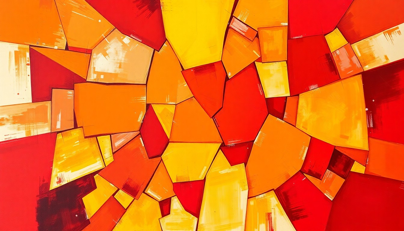 A vibrant, abstract painting featuring overlapping, geometric shapes in warm tones of red, orange, and yellow, conveying the dynamic and unpredictable nature of the Oklahoma governor's race.
