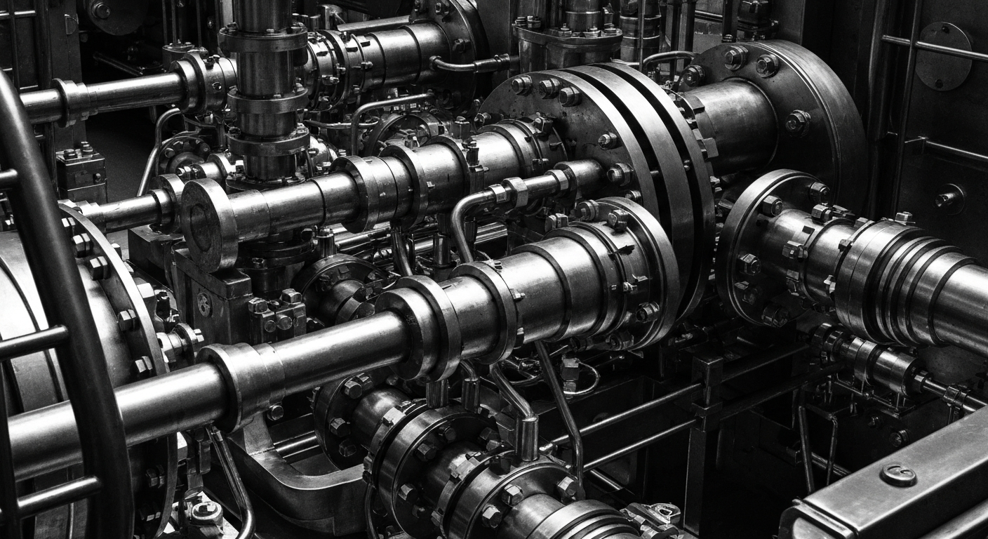 A dramatic, high-contrast close-up of the inner workings of a nuclear reactor, with gears, pipes, and other industrial components filling the frame, conveying the technical complexity and engineering prowess behind advanced nuclear technology.