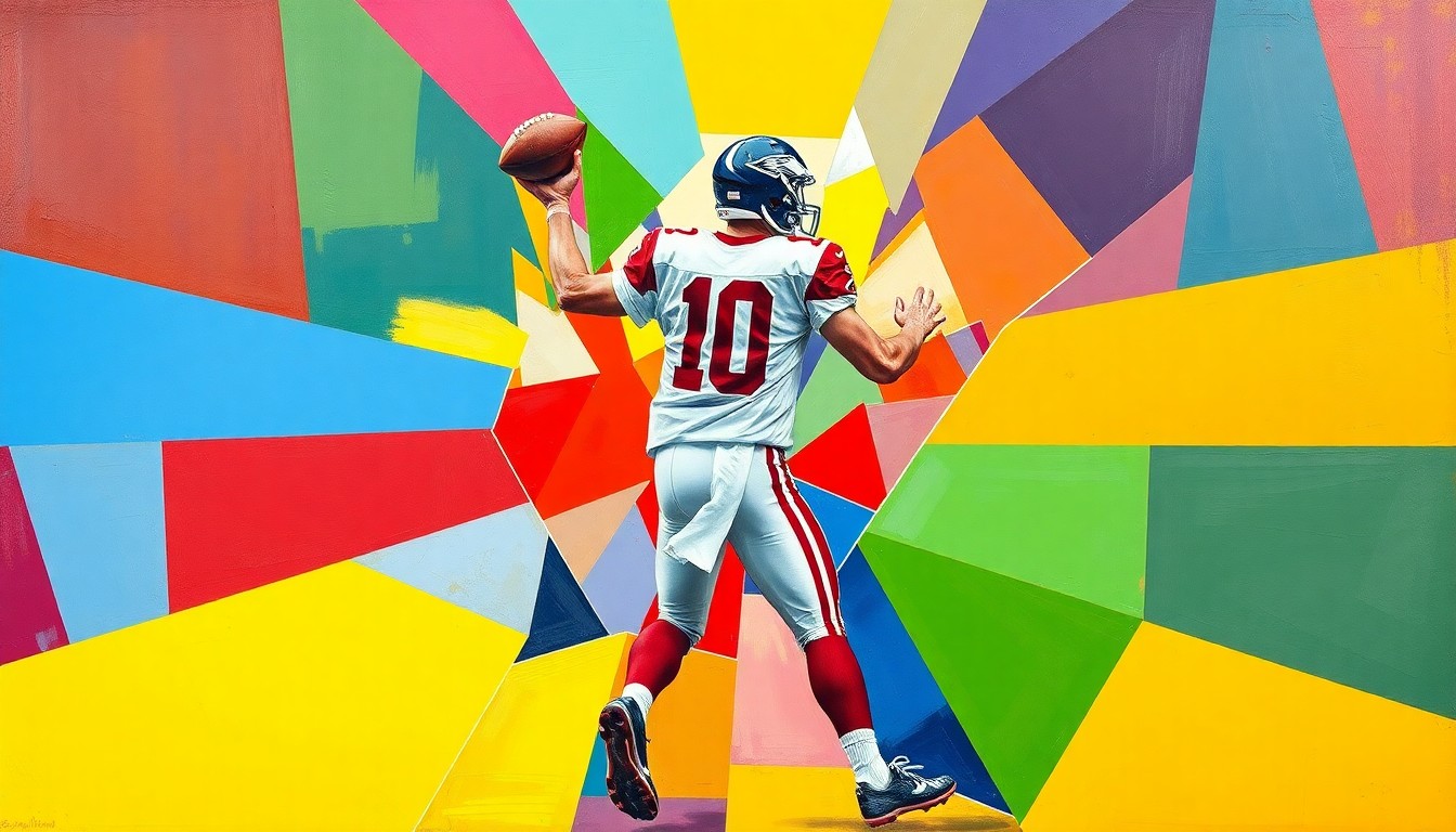 A cubist, geometric painting depicting a quarterback dropping back to pass, with the player's form broken down into overlapping planes of bright colors.