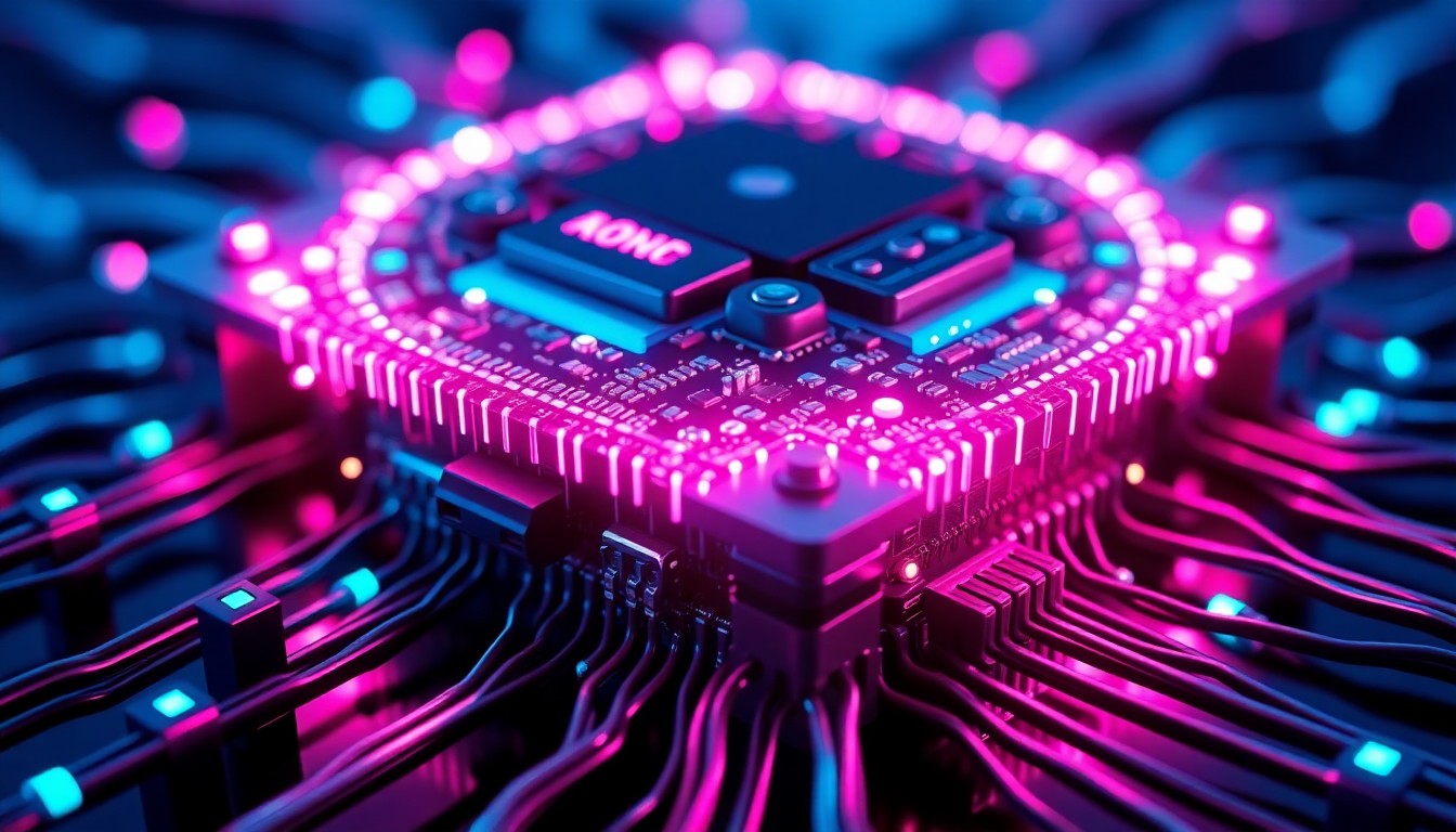 A highly detailed, glowing 3D macro illustration of a neural network interface device, with neon cyan and magenta lights illuminating the intricate circuitry and components, conceptually representing the intersection of AI and neuroscience and the need to consider ethical implications.