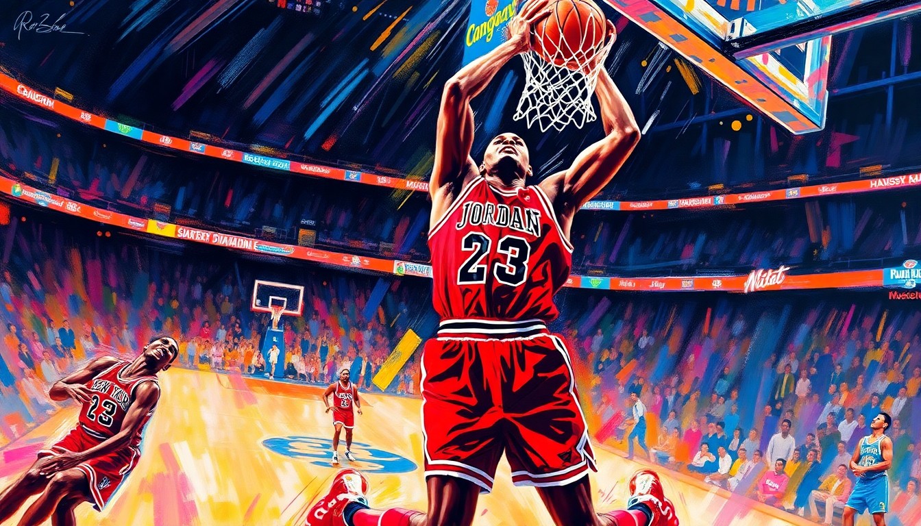 An extreme close-up of Michael Jordan's face, his eyes intense and focused, surrounded by a swirling, neon-colored expressionist painting that captures the raw energy and athleticism of his performance against the Knicks.