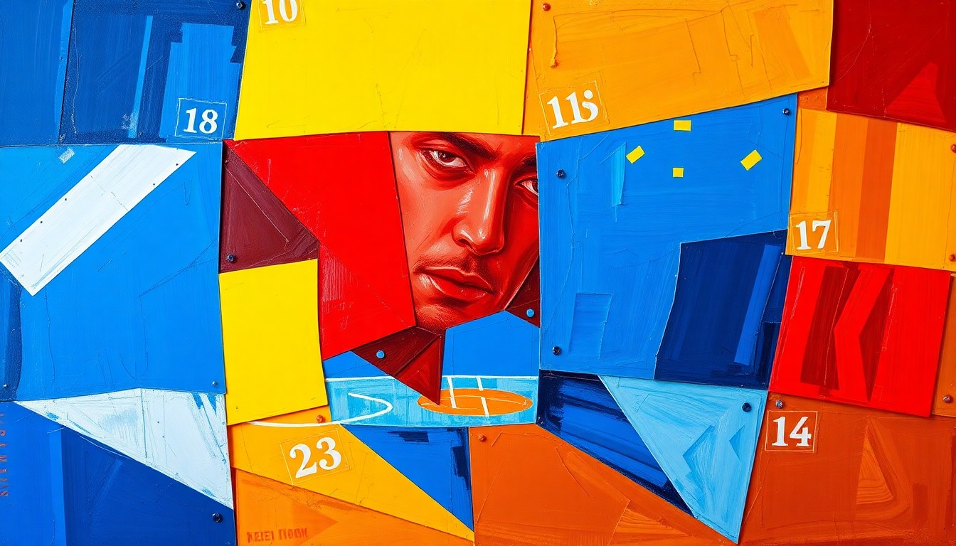 A cubist, geometric painting depicting fragmented basketball players and court elements in a vibrant color palette, conceptually representing the Clippers' disappointing playoff exit.