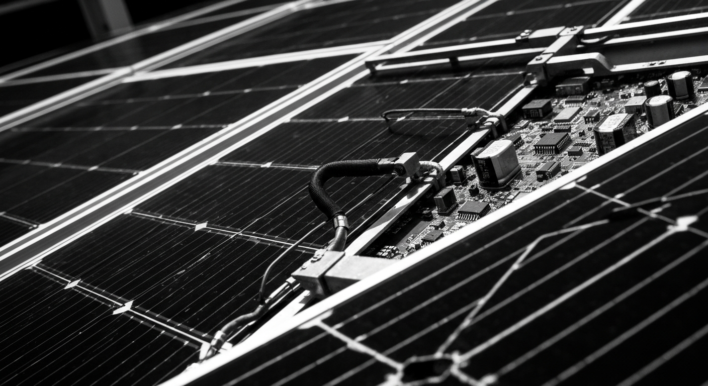 A high-contrast, black and white close-up image of the intricate machinery and circuitry that makes up a solar panel, conveying the heavy, industrial nature of the technology through its detailed, textured visuals.