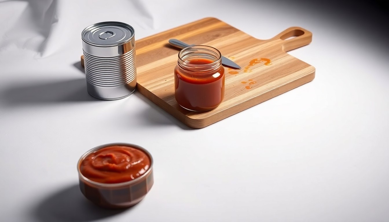 A photorealistic studio still life featuring a polished metal food can, a glass jar of sauce, and a wooden cutting board arranged on a clean white background, conveying the premium quality and strategic focus of Conagra Brands' product portfolio.