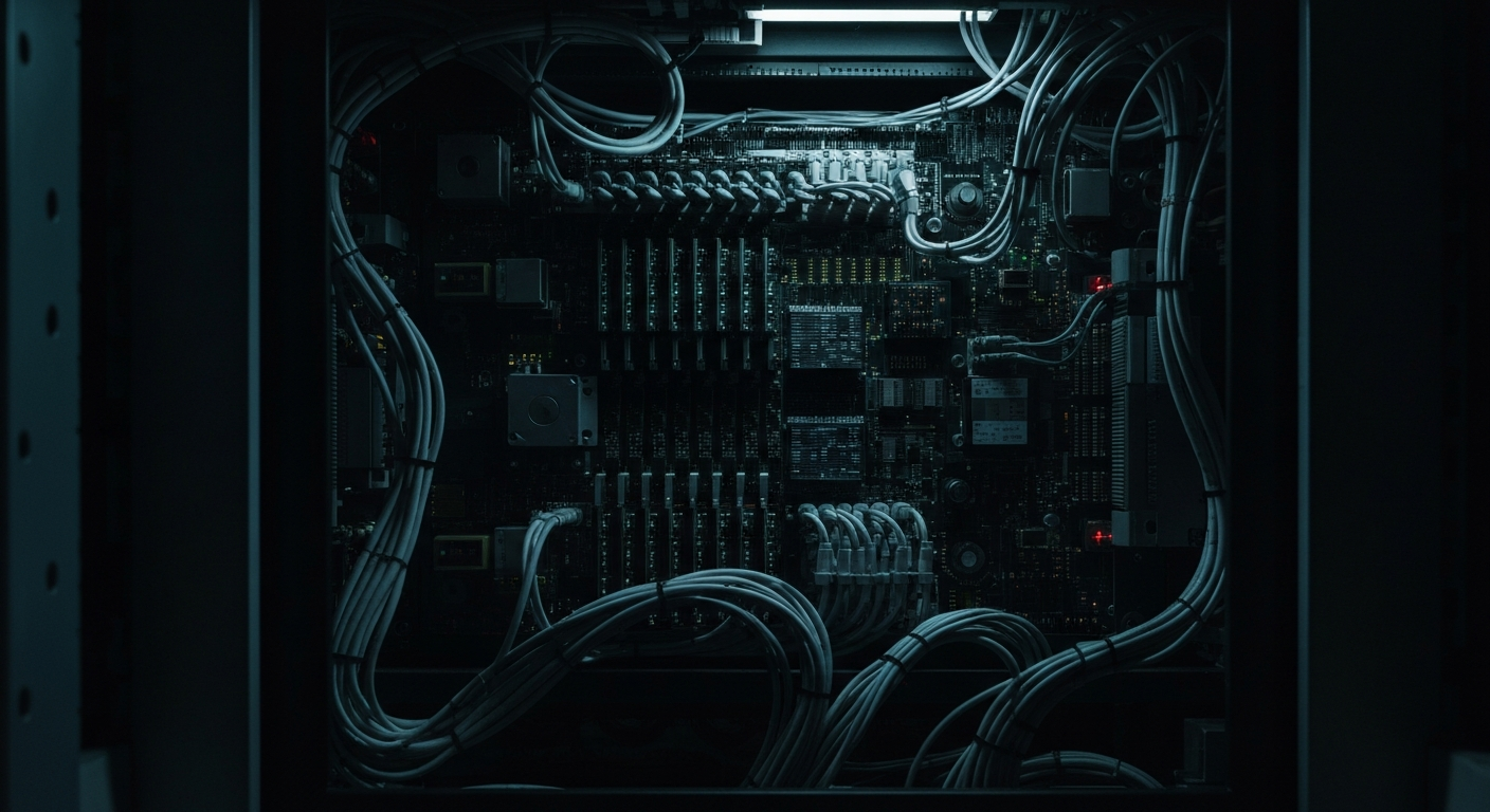 An extreme close-up of various metal and electronic components that make up the internal workings of banking and financial technology systems, conveying the complex machinery behind Fiserv's services.