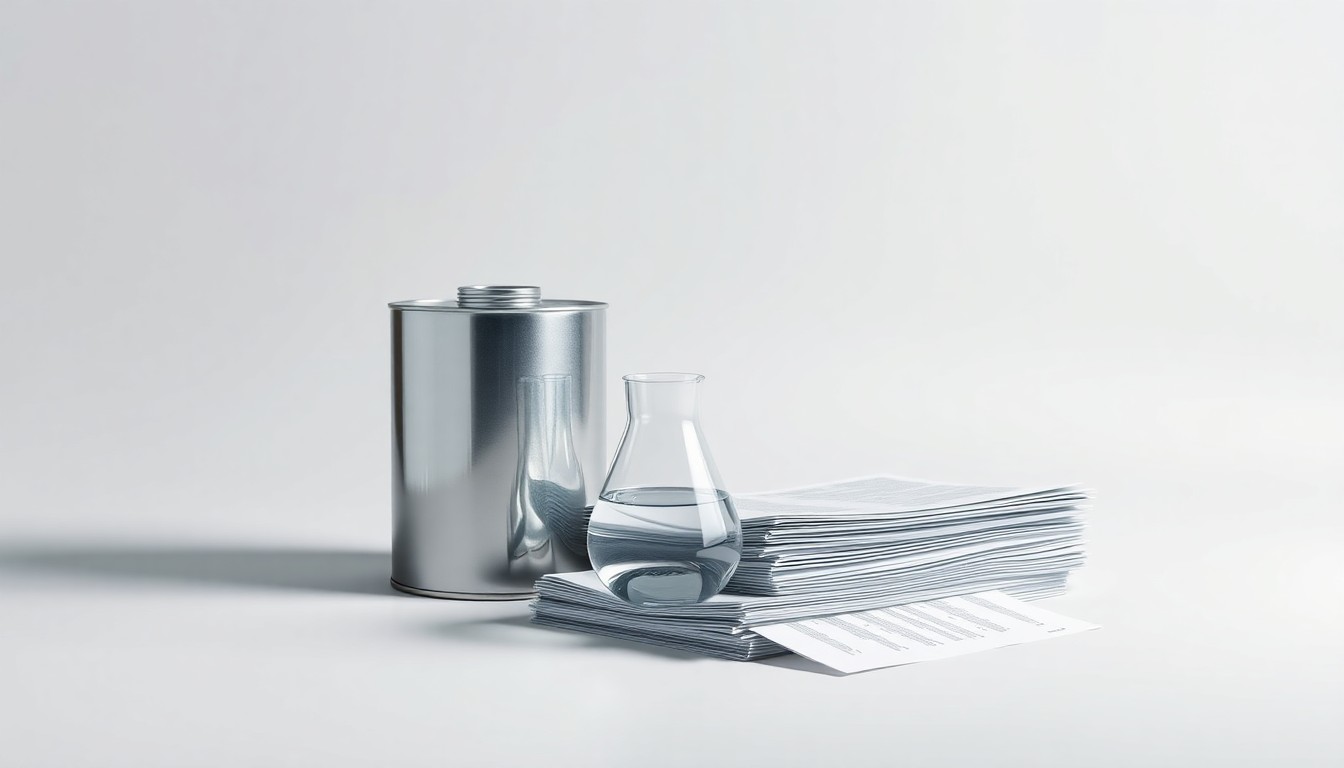 A high-end, photorealistic studio still-life photograph featuring a polished metal fertilizer canister, a glass beaker filled with a clear liquid, and a stack of financial documents arranged elegantly on a clean, monochromatic background using dramatic lighting to represent abstract corporate strategy and market trends.
