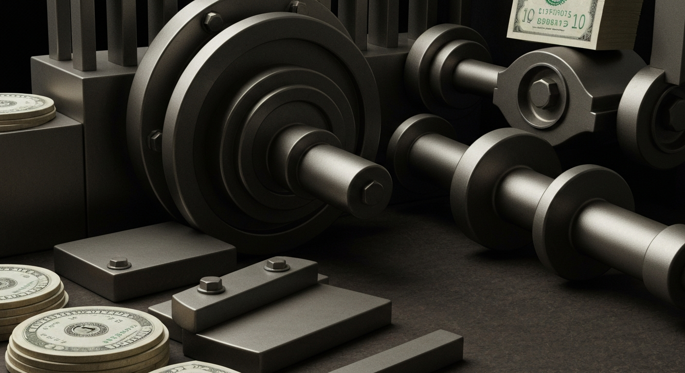 An extreme close-up of intricate gears, levers, and machinery in a bank vault, conveying the tangible power and security of Schwab's financial infrastructure.