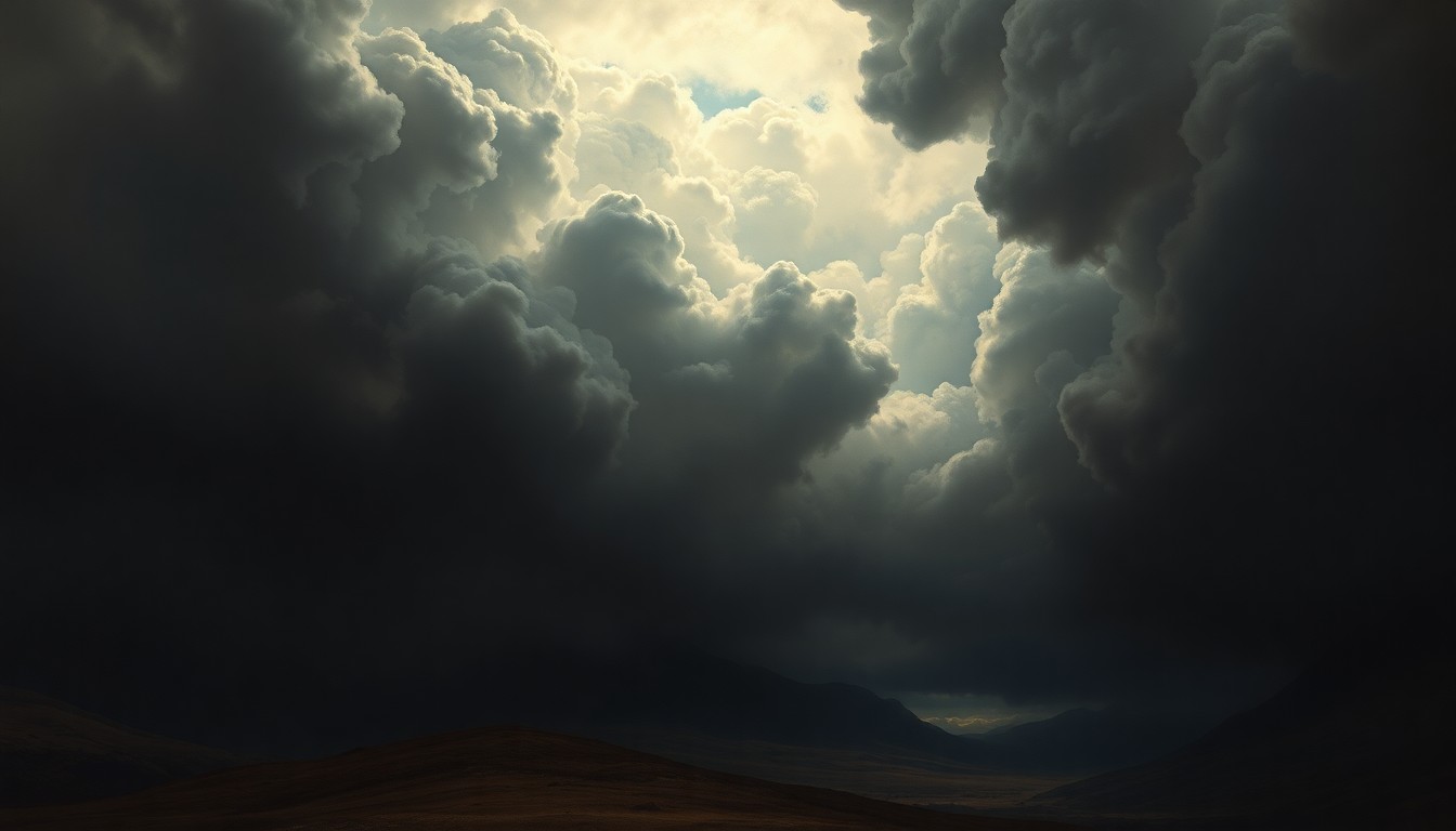 A vast, atmospheric landscape painting depicting a dramatic, looming cold front moving in, with dark, ominous clouds filling the sky and dwarfing any physical structures or objects in the foreground.