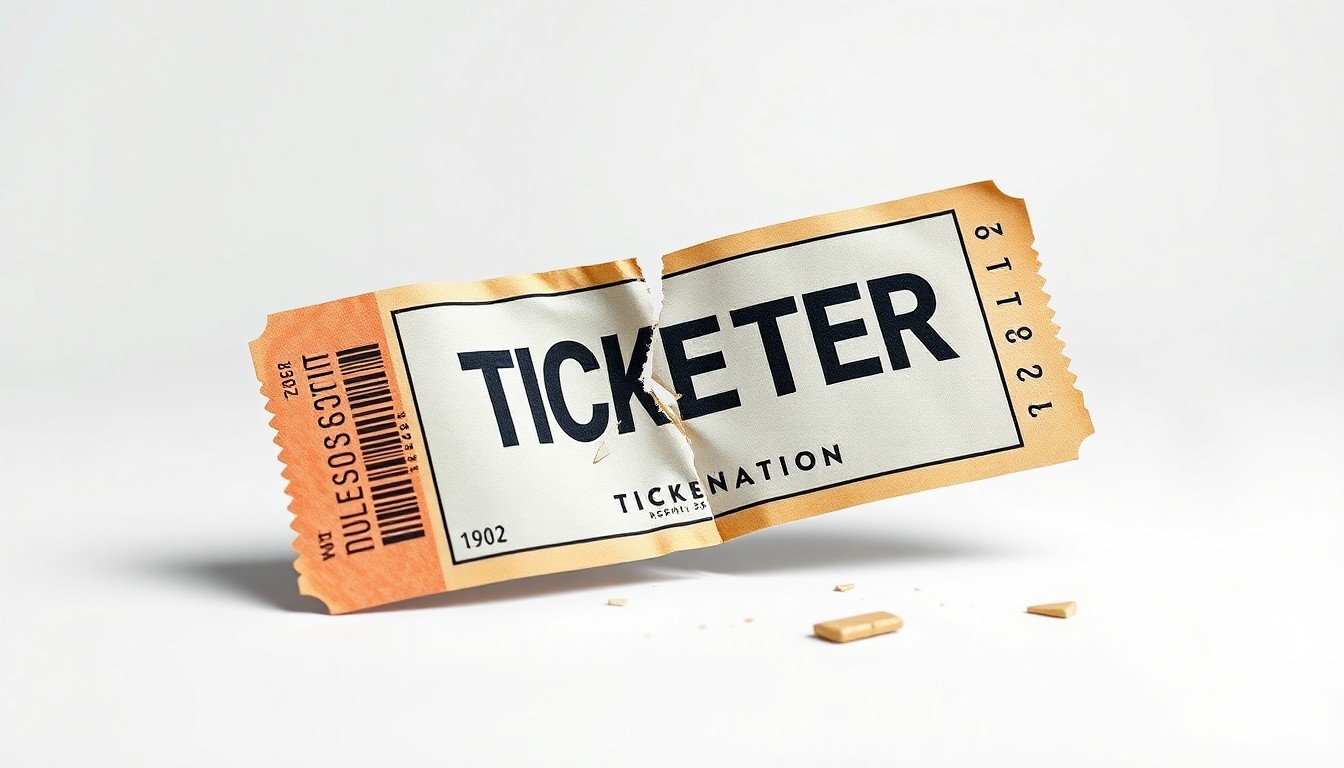 A photorealistic studio still-life image of a cracked and shattered ticket stub on a stark white background, symbolizing the damage caused by Live Nation and Ticketmaster's anticompetitive practices.