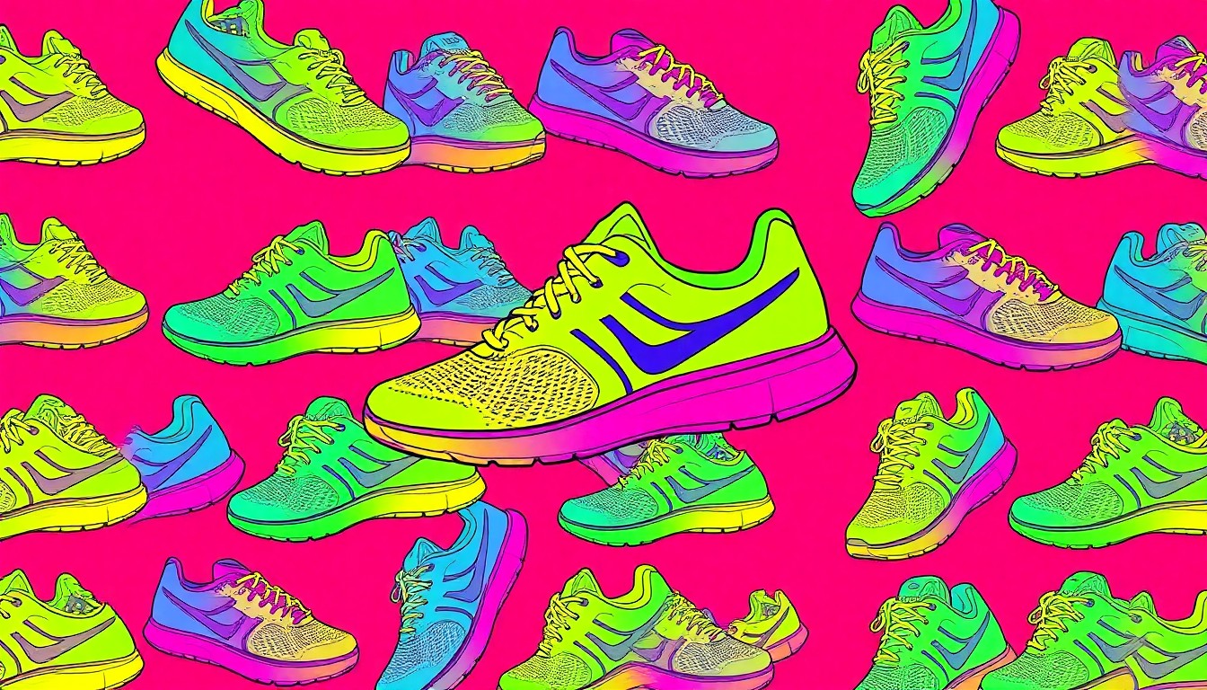 A bold, colorful silkscreen-style illustration featuring a repeating pattern of a running shoe in vibrant neon shades, conceptually representing the community-focused fitness event.